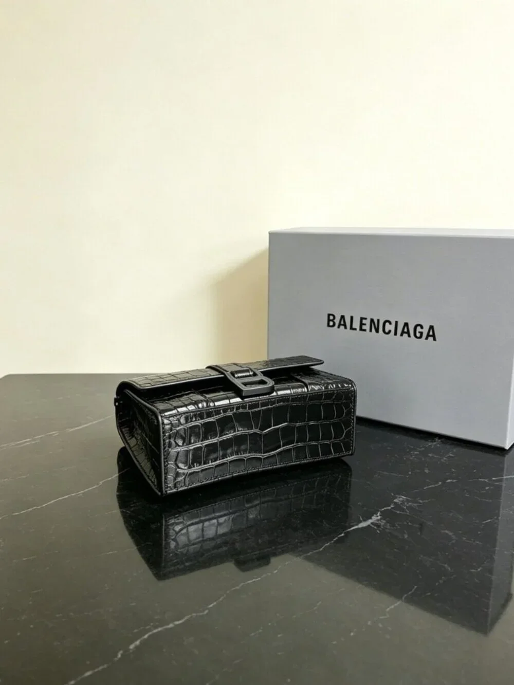 Balenciaga Hourglass XS Black Crocodile Embossed Handbag